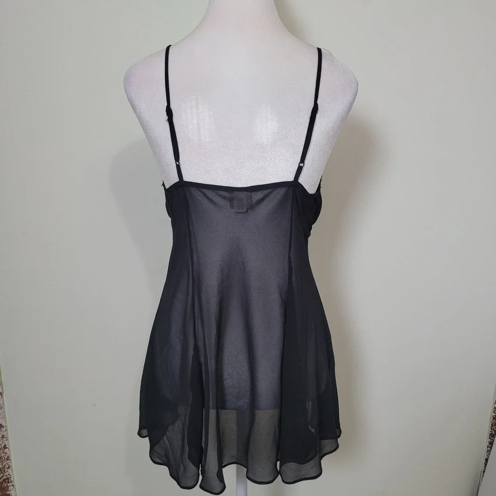 Gilligan O'Malley Small Black Rose Embroidered Sheer Mesh Babydoll Lingerie Lace